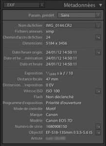 Présentation des Exif par Lightroom