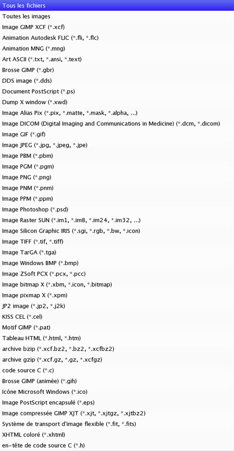 Liste des formats de fichiers pouvant être enregistrés par Gimp